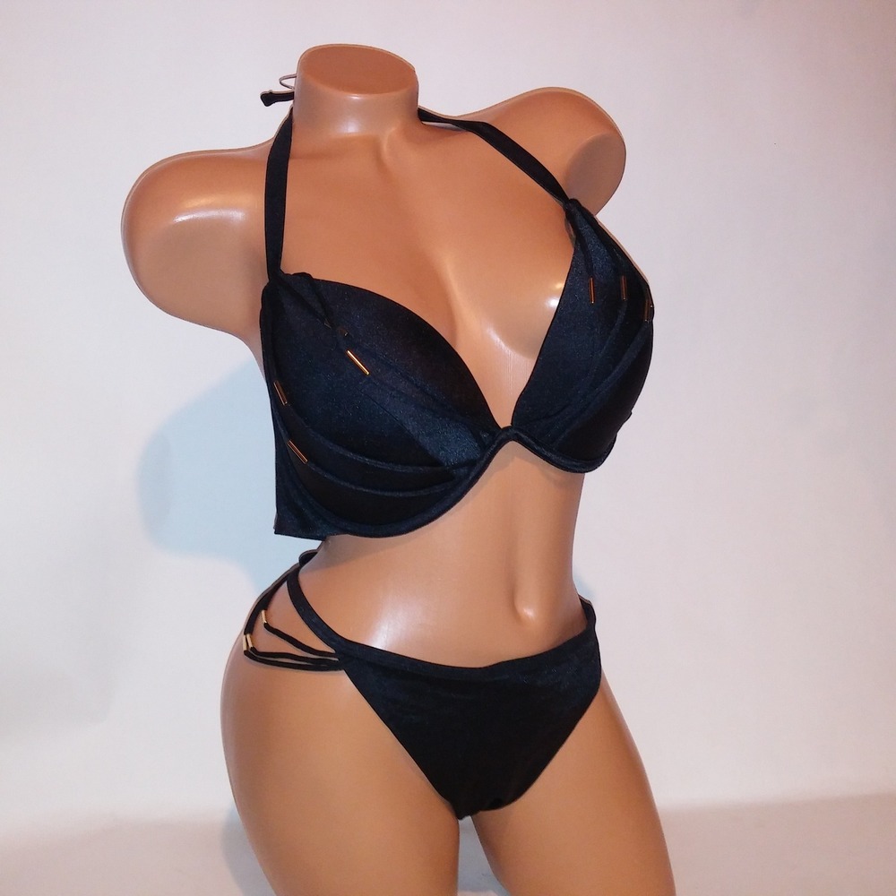 Victoria Secret Swim Bikini 36DD Top Medium Bottom Push Up Black Fringe Beaded